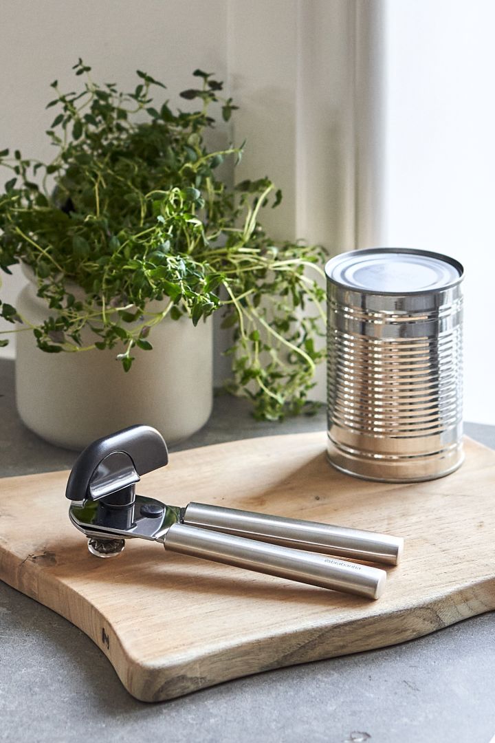 Renew your kitchen with 11 practical and stylish kitchen accessories for easier cooking - here you see stylish Profile can opener from Brabantia in stainless steel.