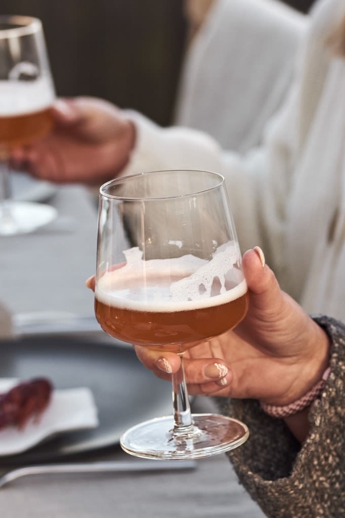 Learn how to choose the right beer glass like the Essence beer glass from Iittala that you see here, perfect for ale. 