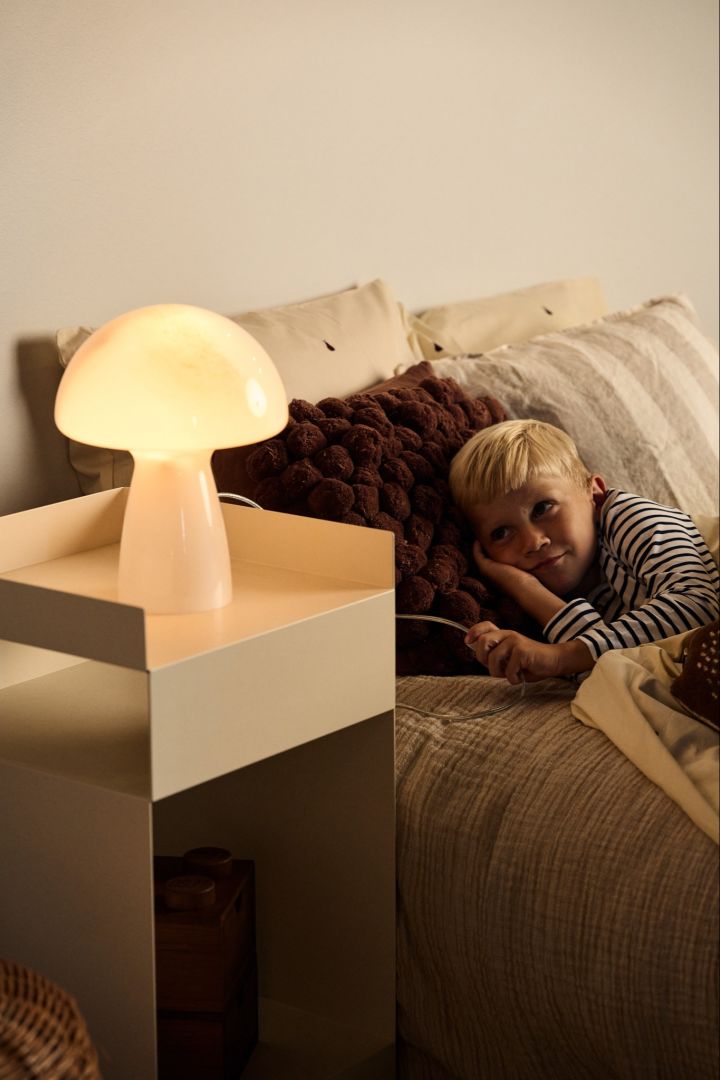 Plan your lighting with diffused lighting like the mushroom shaped Fungo lamp from Globen lighting. 