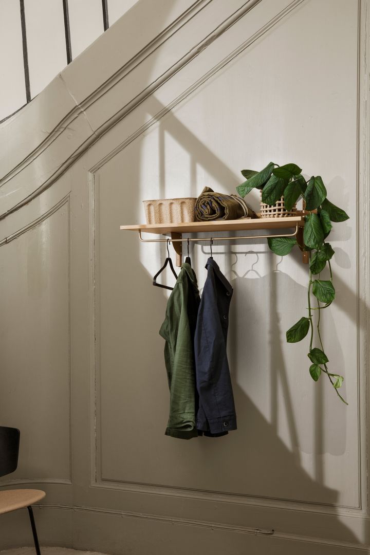Decorate a small hallway - inspiration from ferm LIVING to make the hallway more organised with an open wardrobe with a Sector shelf with a rod for hanging hangers.