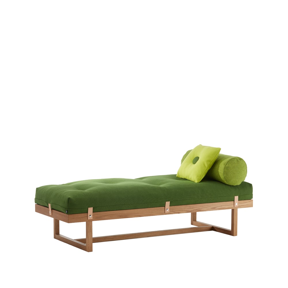 A2 Stay day bed Fabric green. body in oiled oak