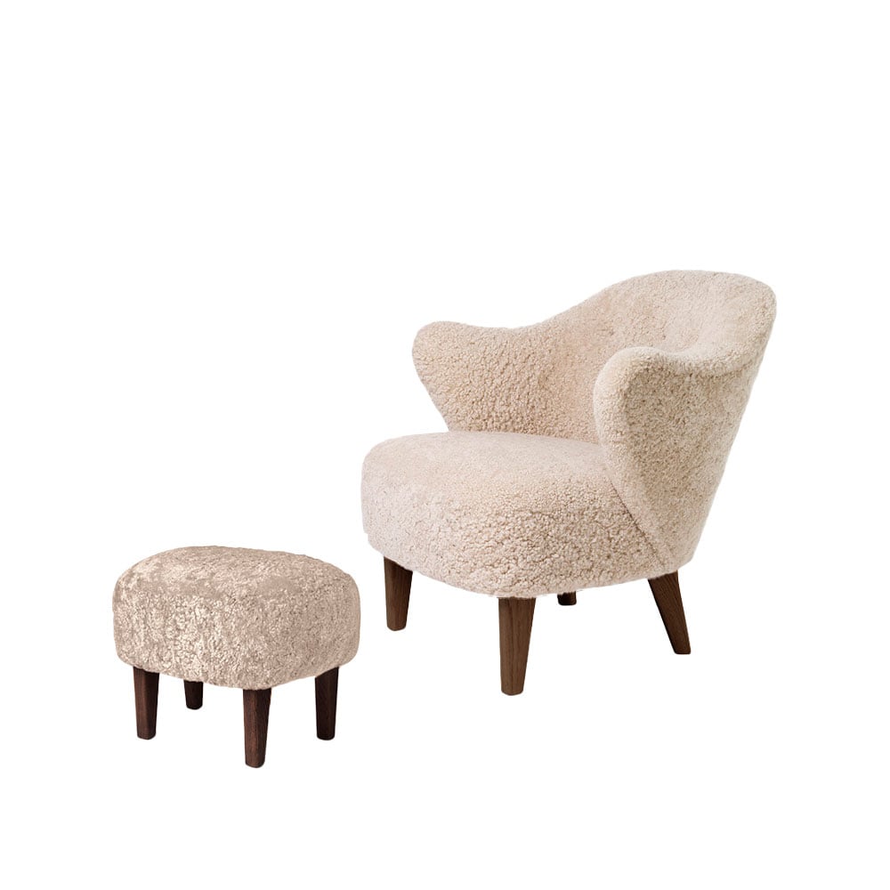 Audo Copenhagen Ingeborg armchair set Sheepskin moonlight, incl. footstool, legs smoked oak