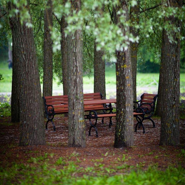 Byarum Bench, Pine brown stain, raw aluminum stand Byarums bruk