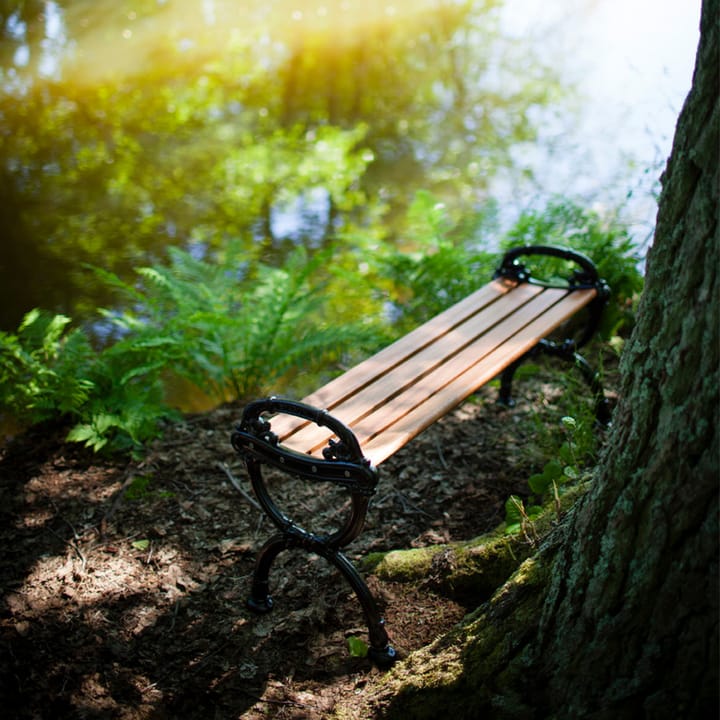 Byarum Bench, Pine brown stain, raw aluminum stand Byarums bruk