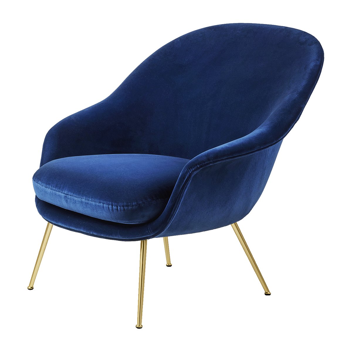 GUBI Bat Lounge Chair - low back, conic base Velvet 420 sapphire blue-brass