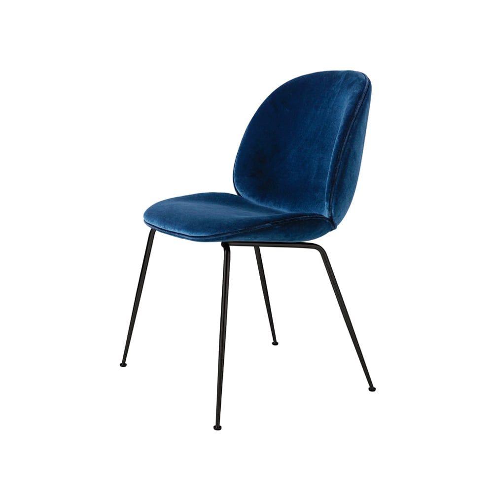 GUBI Beetle dining chair - fully upholstered conic base Fabric velluto cotone 970 dark blue, black steel legs