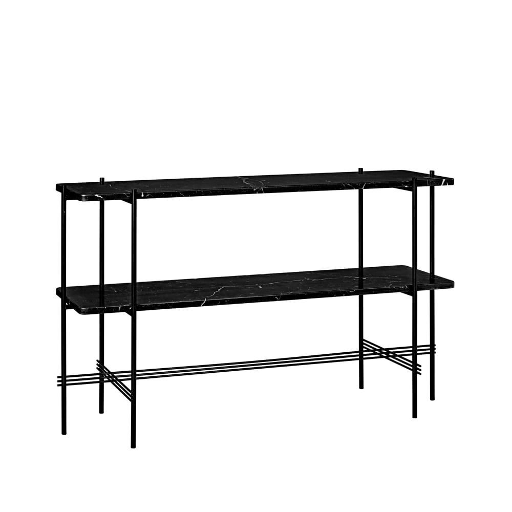 GUBI TS Console table 120x30x72 cm Black marquina marble, black legs, 2 marble shelves