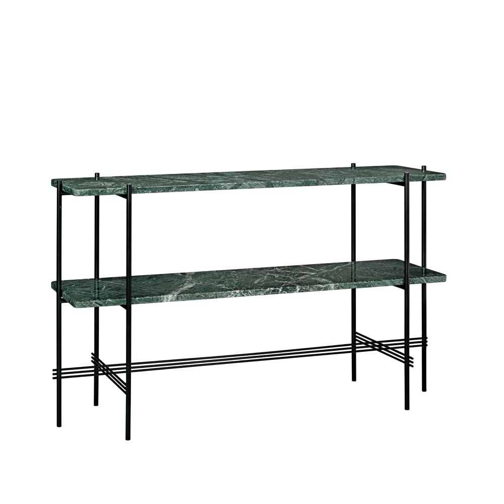 GUBI TS Console table 120x30x72 cm Green guatemala marble, black legs, 2 marble shelves