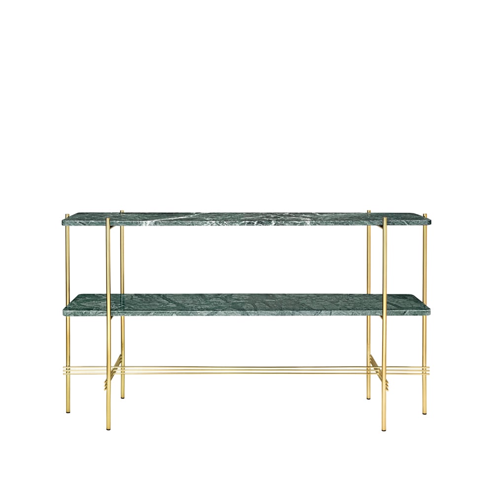 GUBI TS Console table 120x30x72 cm Green guatemala marble, brass legs, 2 marble shelves