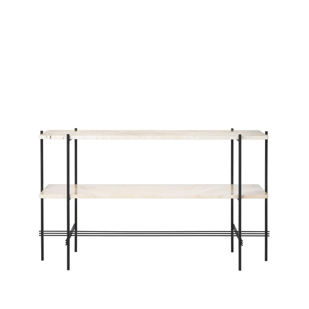 GUBI TS Console table 120x30x72 cm Natural white travertine, black legs, 2 marble shelves