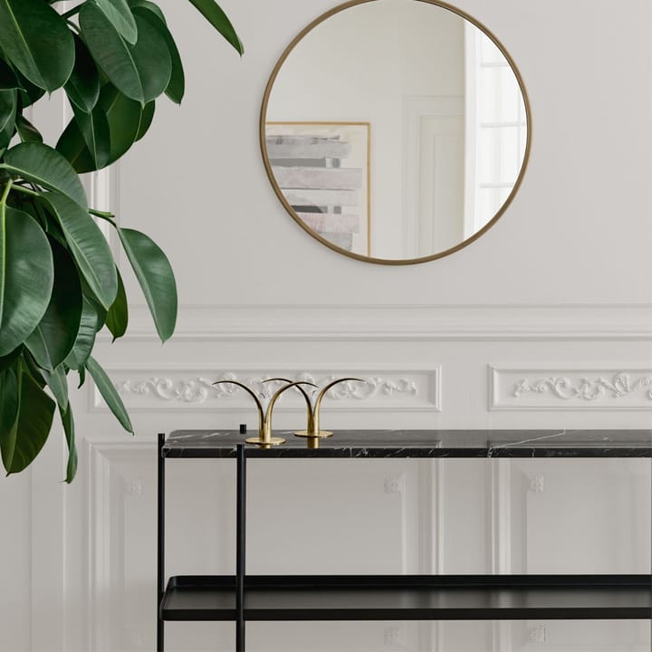 TS Console table 120x30x72 cm - Natural white travertine, brass legs, 2 marble shelves - GUBI