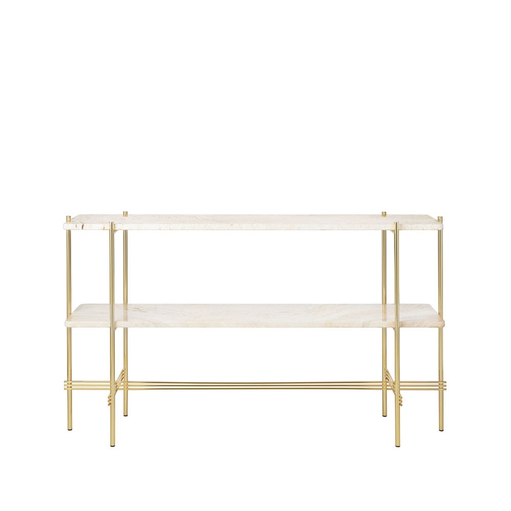 GUBI TS Console table 120x30x72 cm Natural white travertine, brass legs, 2 marble shelves