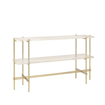 TS Console table 120x30x72 cm - Natural white travertine, brass legs, 2 marble shelves - GUBI