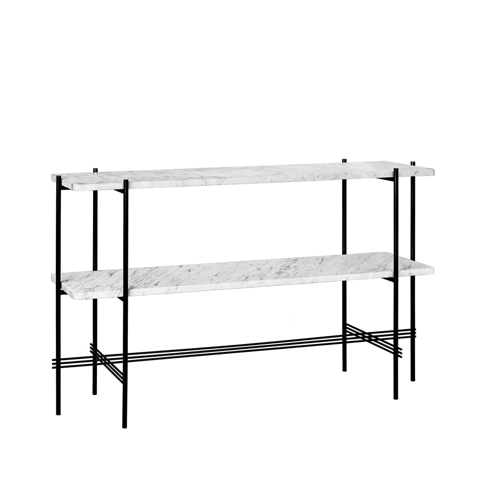 GUBI TS Console table 120x30x72 cm White carrara marble, black legs, 2 marble shelves