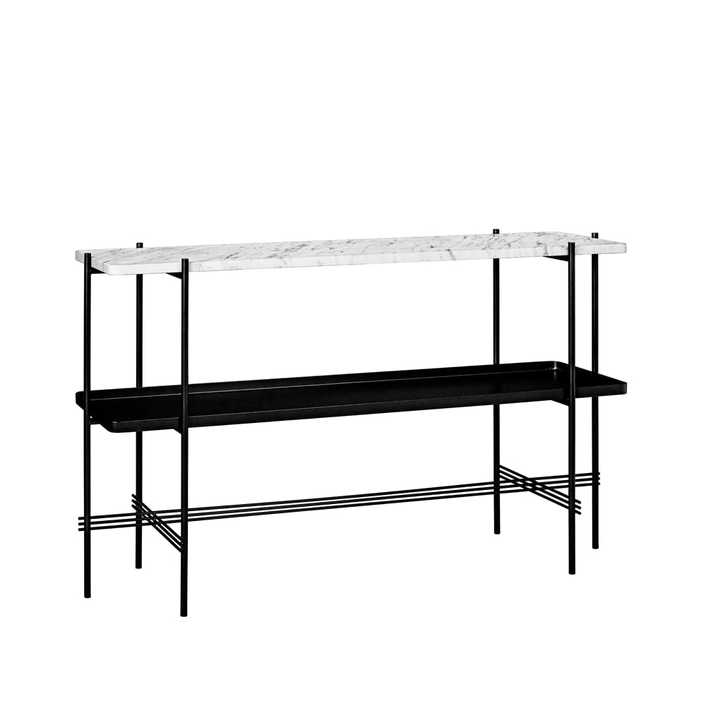 GUBI TS Console table 120x30x72 cm White carrara marble, black legs, with tray