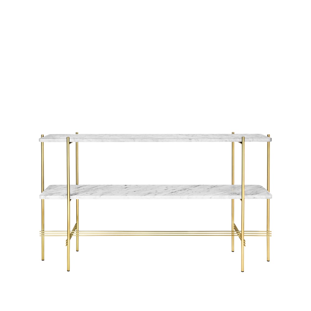 GUBI TS Console table 120x30x72 cm White carrara marble, brass legs, 2 marble shelves