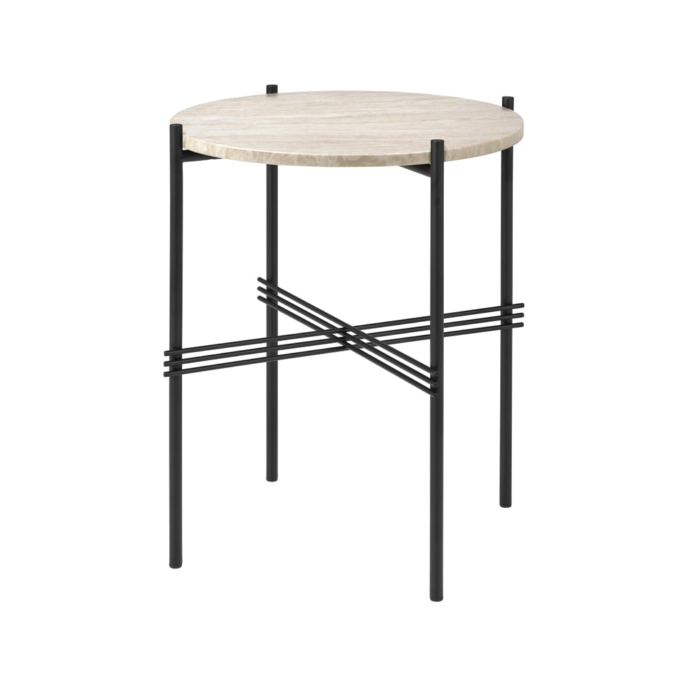 GUBI TS Outdoor side table Natural white, black frame, travertine