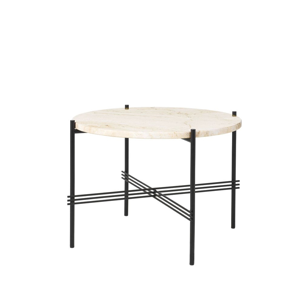 GUBI TS Round coffee table Natural white travertine, ø55, black stand