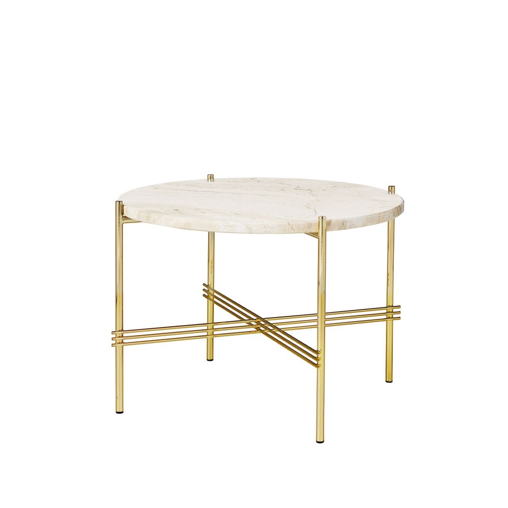 GUBI TS Round coffee table Natural white travertine, ø55, brass stand