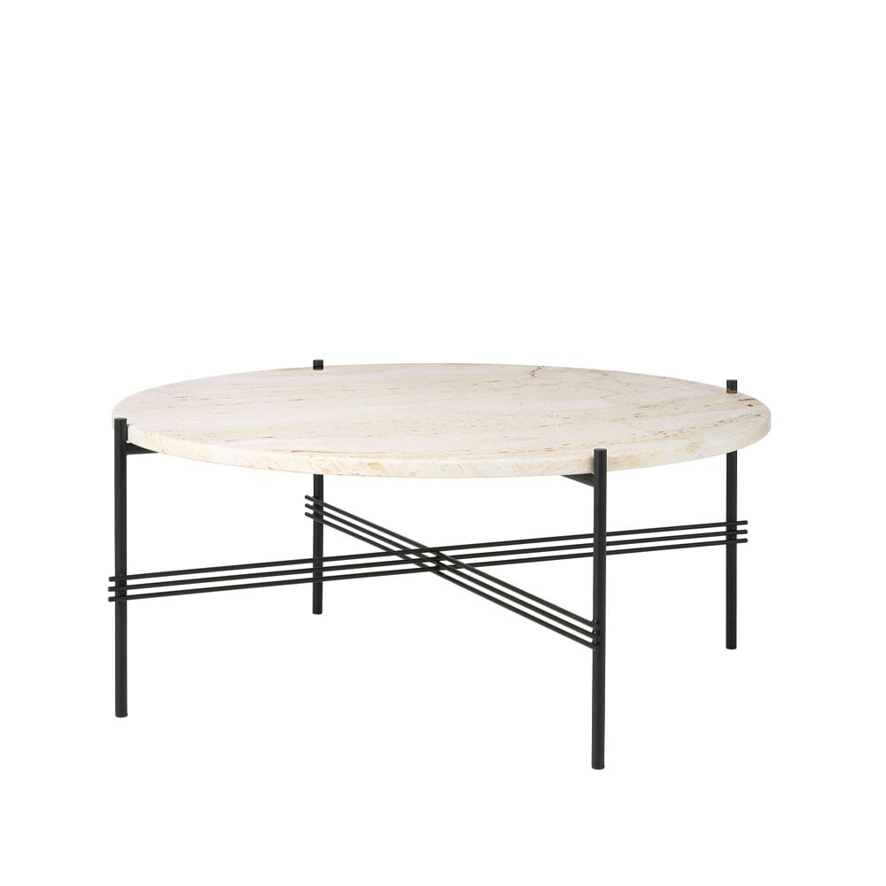 GUBI TS Round coffee table Natural white travertine, ø80, black stand