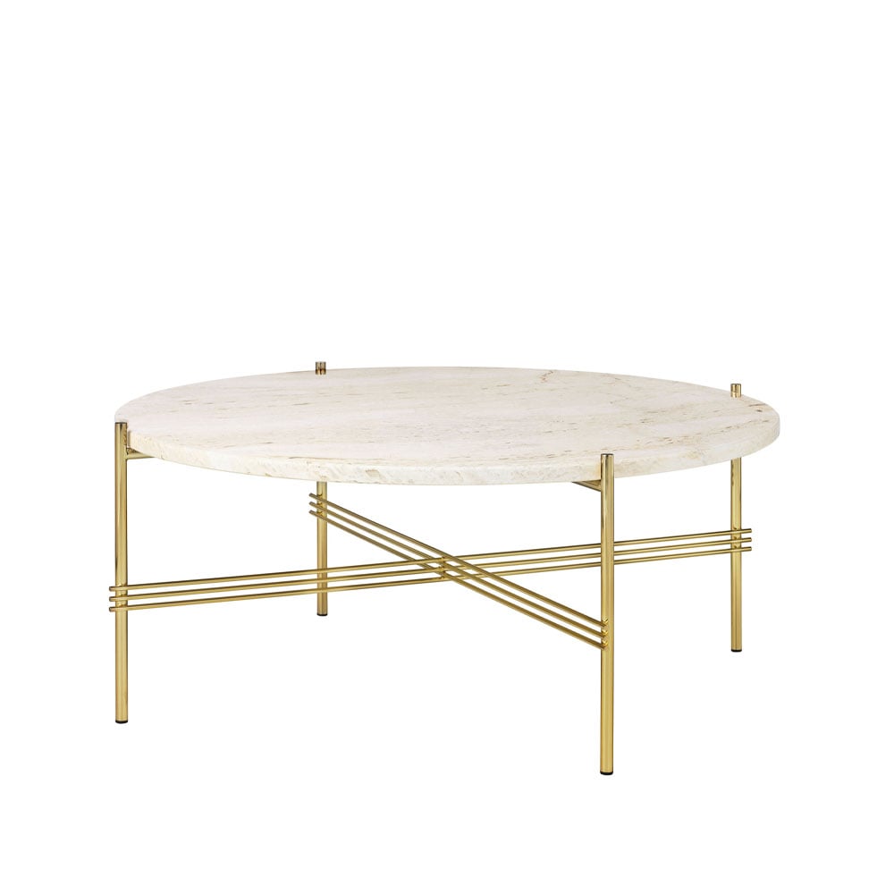 GUBI TS Round coffee table Natural white travertine, ø80, brass stand