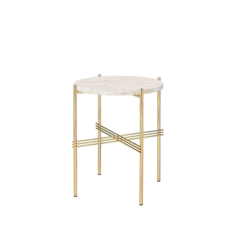 GUBI TS Round side table Natural white travertine, ø40, brass stand