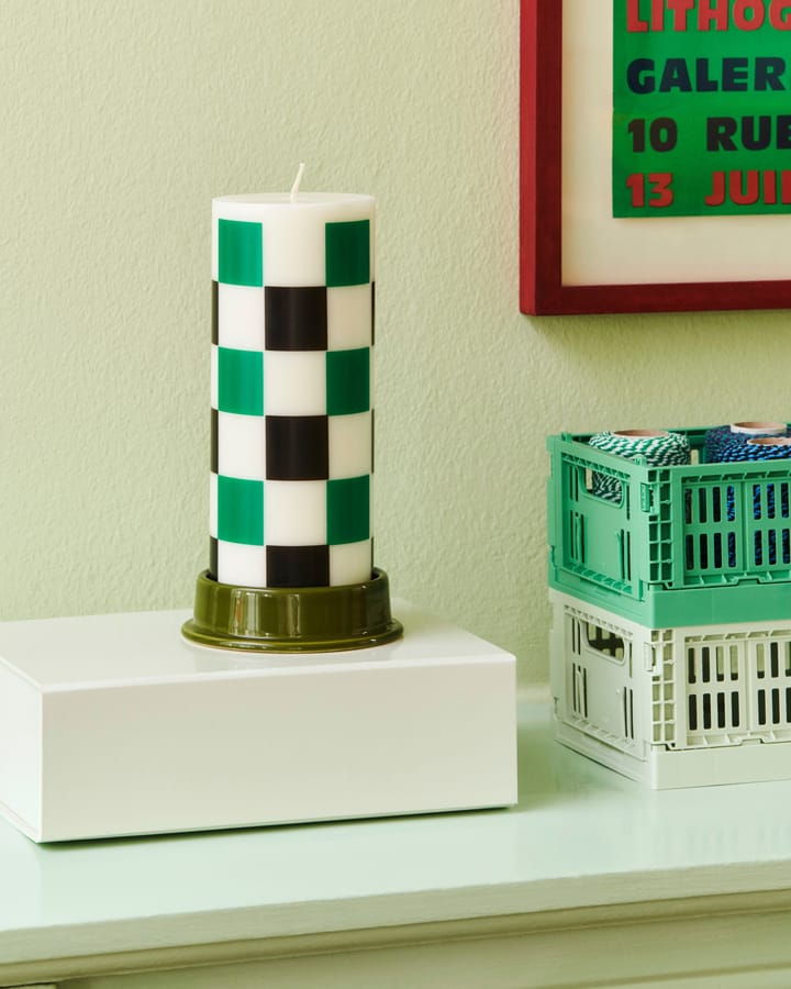 Column Candle block candle medium 20 cm - Off white-green-black check - HAY