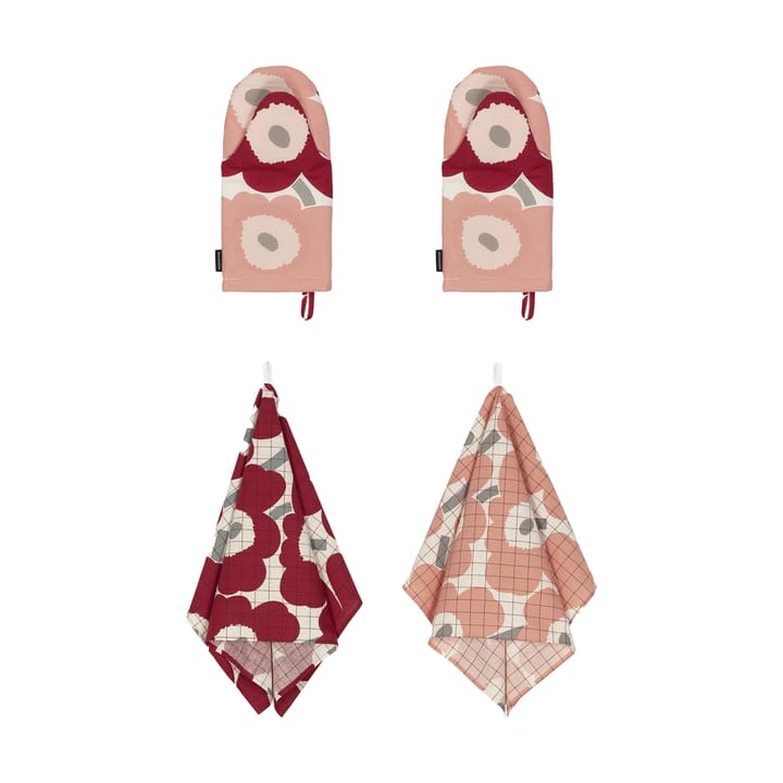 Pieni Unikko kitchen towel+oven mitt 4 pieces, Cotton-dark cherry-rose Marimekko