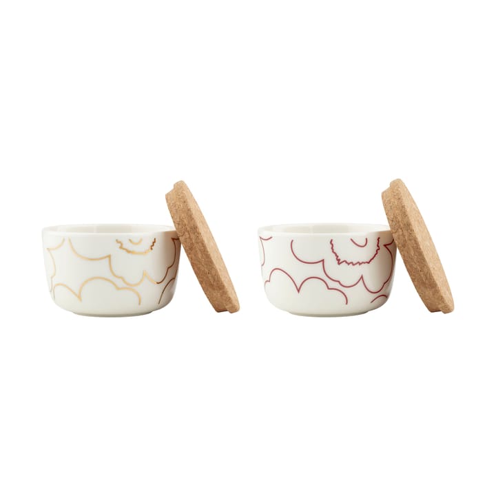 Piirto Unikko bowl with lid 250 ml 2-pack - White-gold-dark red - Marimekko