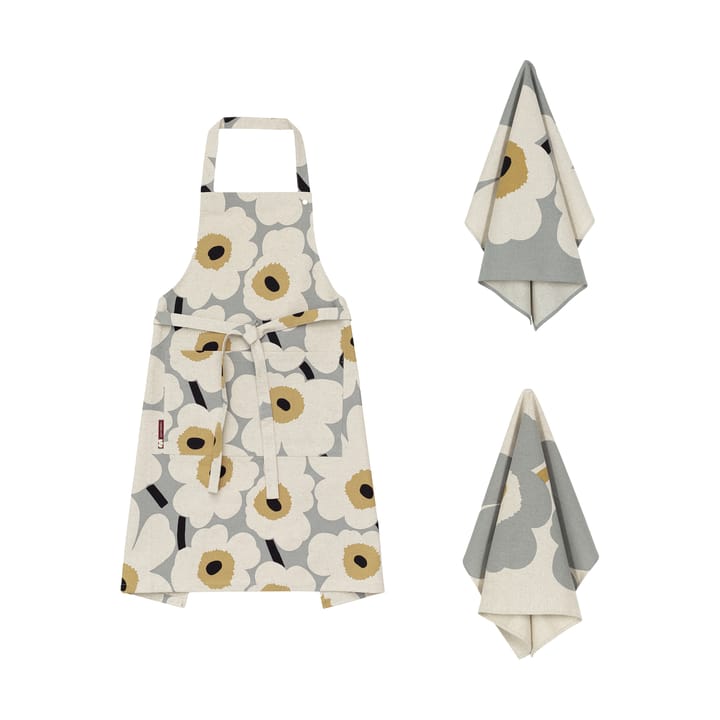 Unikko anniversary apron + kitchen towel 3 pieces, Grey-linen-straw-dark blue Marimekko