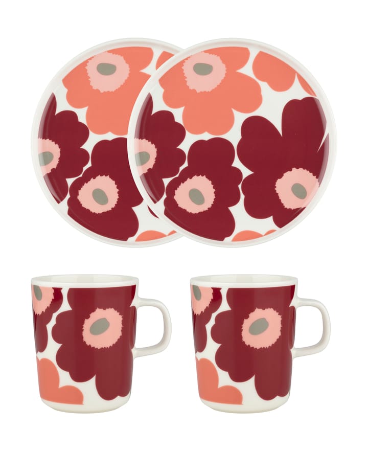 Unikko breakfast set - White-dark cherry-salmon red - Marimekko