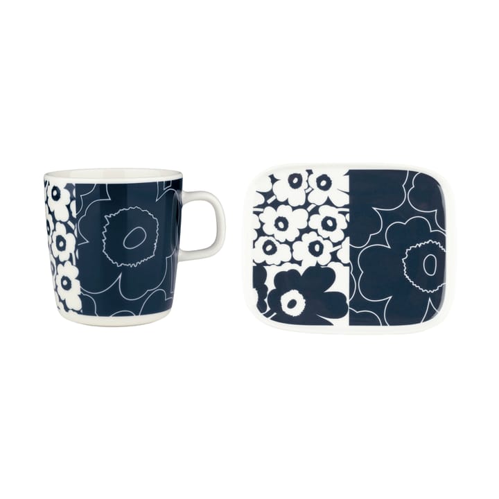 Unikko kollaasi tray + mug 2 pieces - White-dark blue - Marimekko