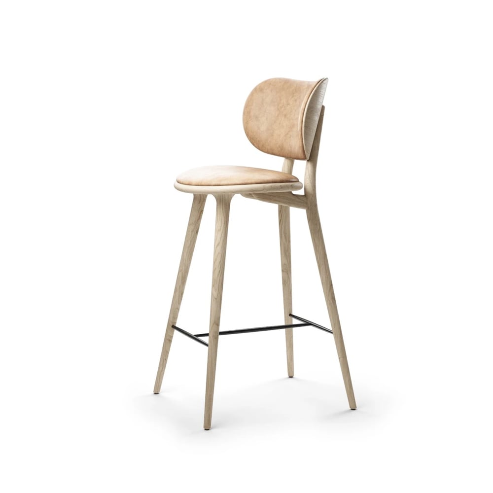 Mater Mater High Stool Backrest barstool high leather natural, matt varnished oak stand