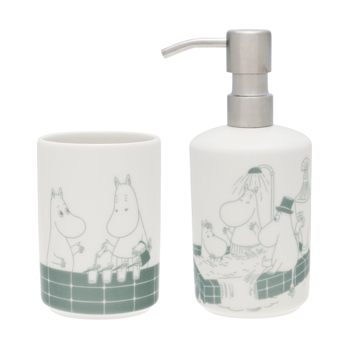 Moomin Arabia Moomin soap dispenser and toothbrush holder Bath time green-white