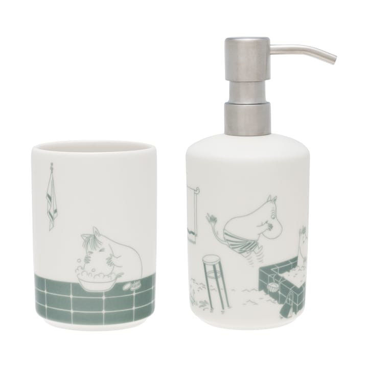 Moomin soap dispenser and toothbrush holder, Bath time green-white Moomin Arabia