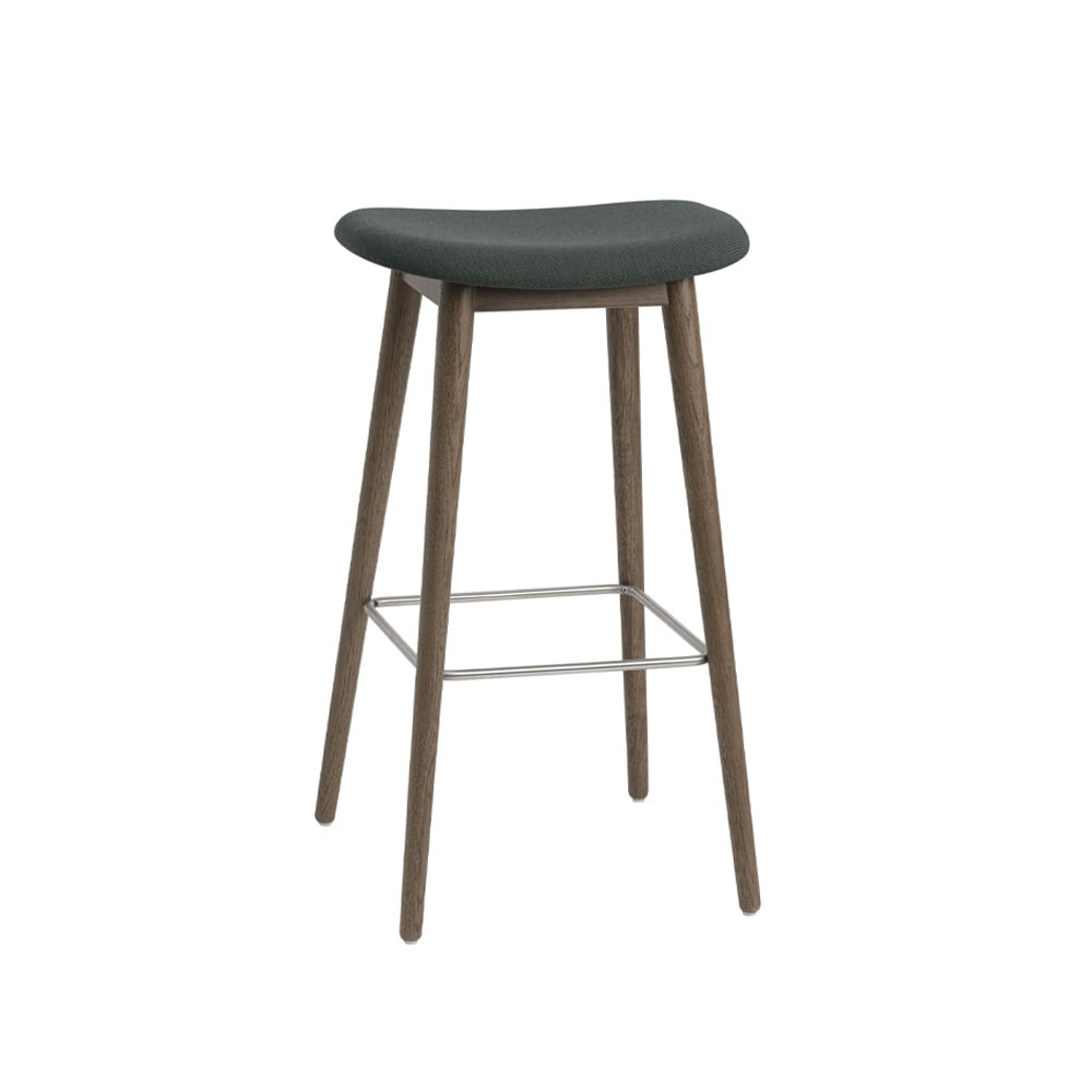 Muuto Fiber bar stool 75 cm Fabric twill weave 990 dark green, brown stained oak legs