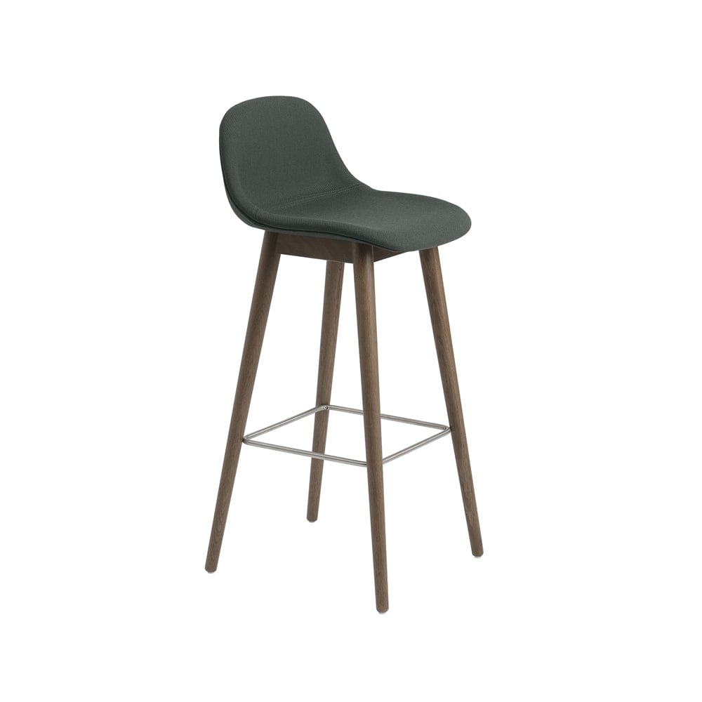 Muuto Fiber barstool with backrest Fabric twill weave 990 dark green, brown stained oak legs, low