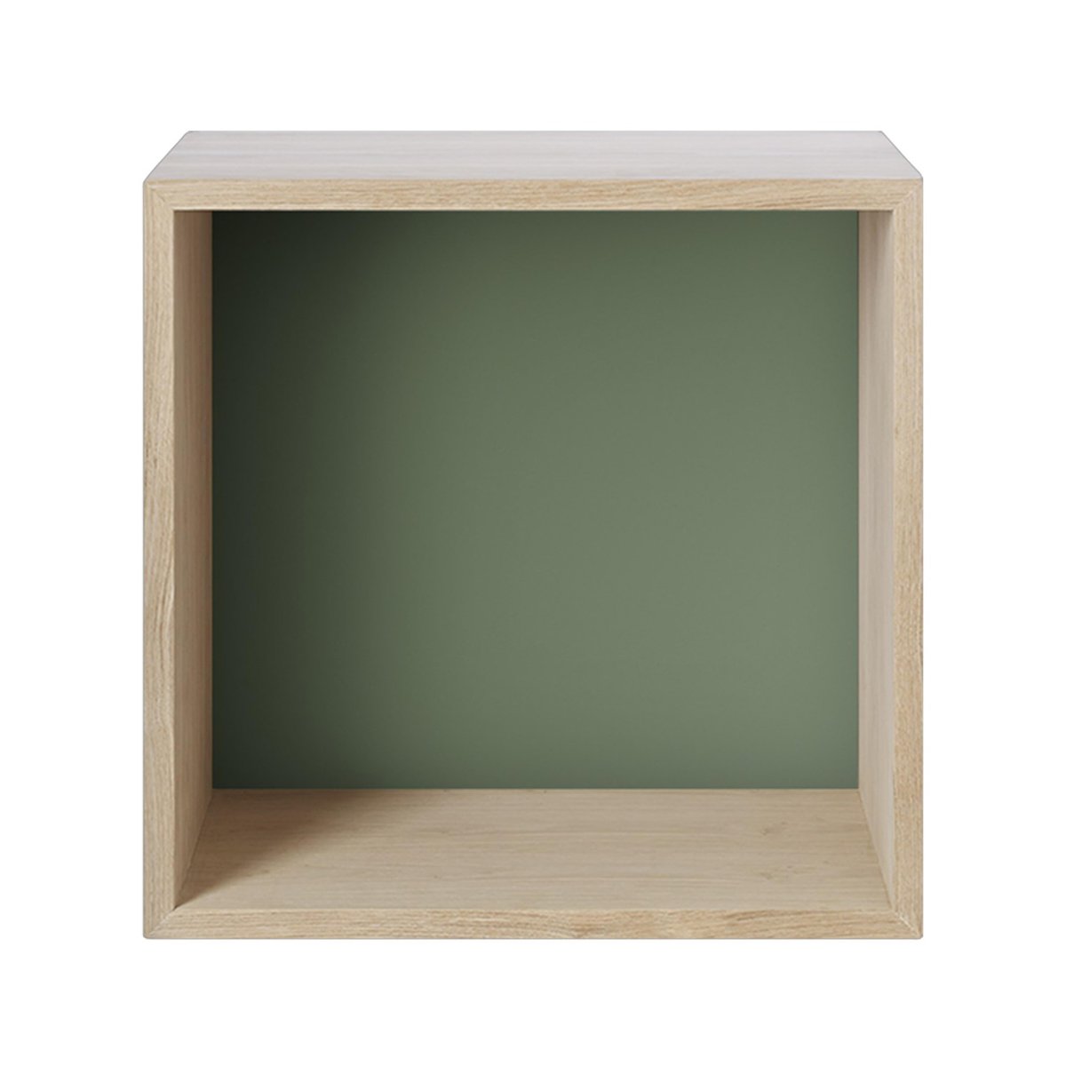 Muuto Stacked 2.0 shelving with back plate, medium oak, green