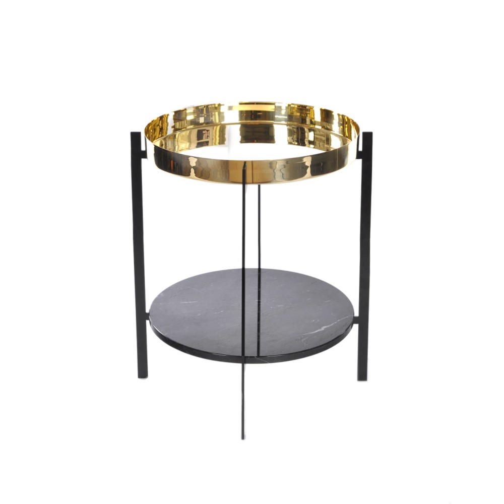 OX Denmarq Deck tray table brass. black stand. black marbleshelf