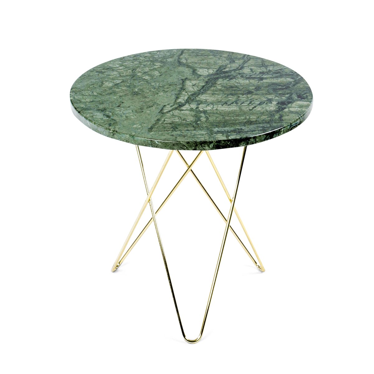 OX Denmarq Tall mini O side table Ø50 H50. brass undercarriage green marble