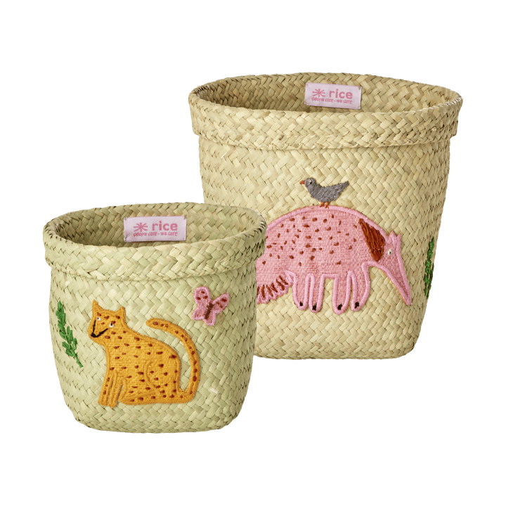 Rice raffia storage basket round 2 pieces, Animal Embroidery-Pink-orange RICE