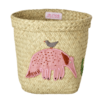 Rice raffia storage basket round 2 pieces - Animal Embroidery-Pink-orange - RICE