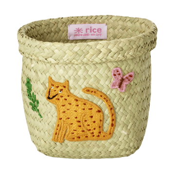 Rice raffia storage basket round 2 pieces - Animal Embroidery-Pink-orange - RICE