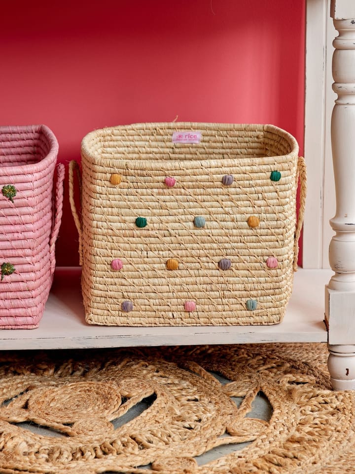 Rice raffia storage basket with dots, Dove Blue RICE