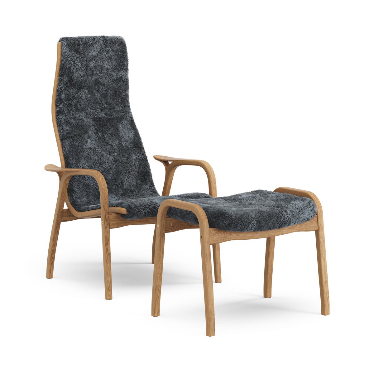 Swedese Lamino armchair and footstool oiled oak/sheepskin Charcoal (dark grey)