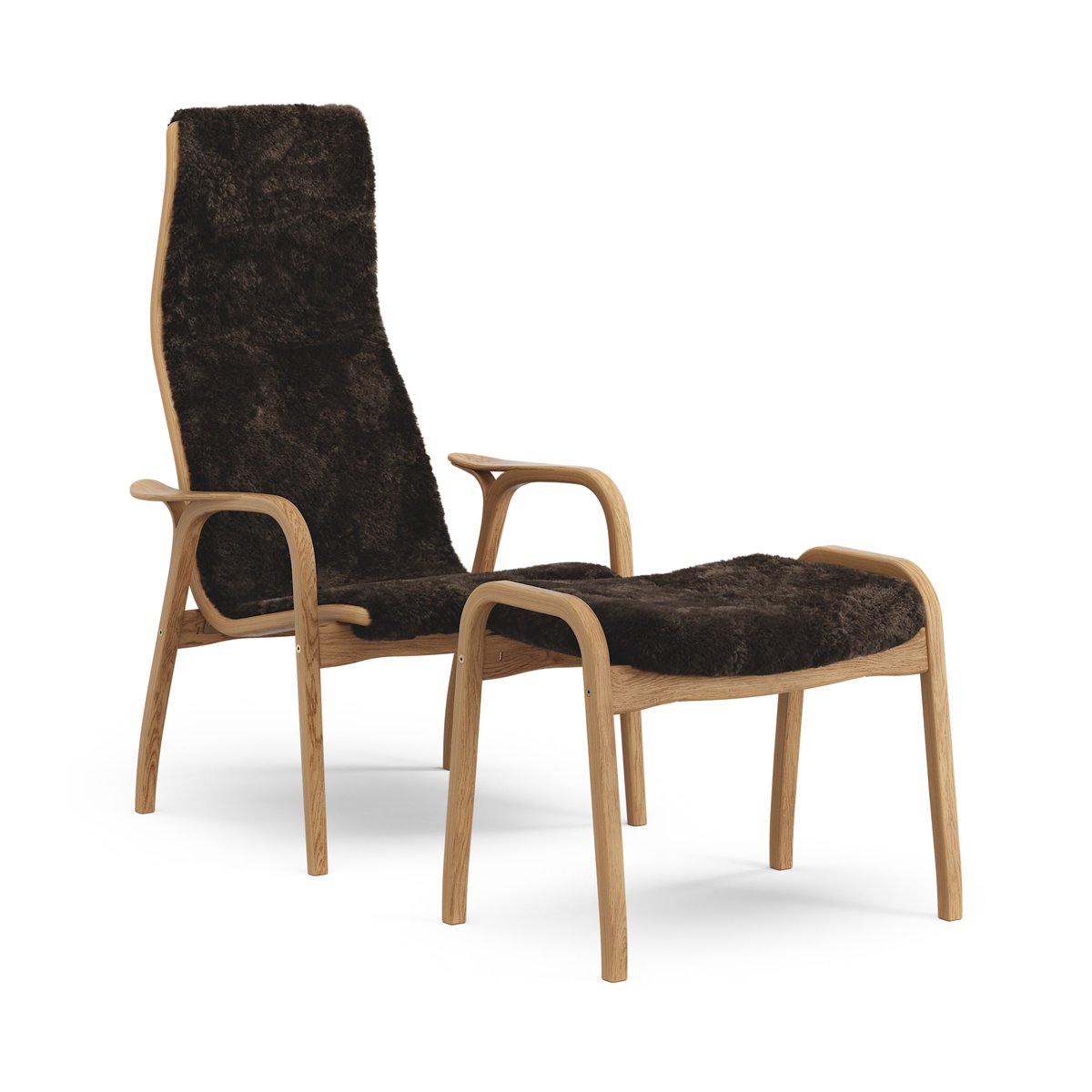 Swedese Lamino armchair and footstool oiled oak/sheepskin Espresso (brown)