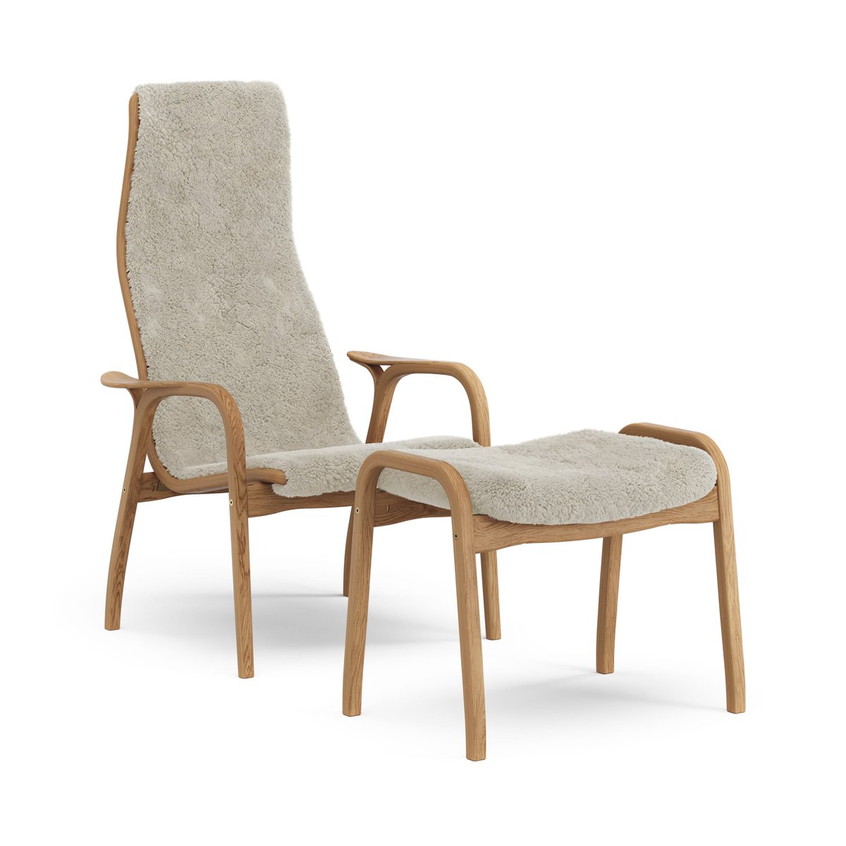 Swedese Lamino armchair and footstool oiled oak/sheepskin Moonlight (beige)