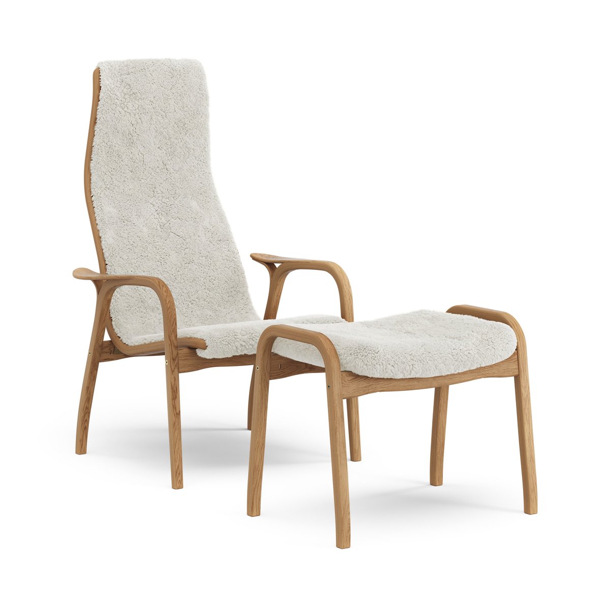 Swedese Lamino armchair and footstool oiled oak/sheepskin Off-white (white)