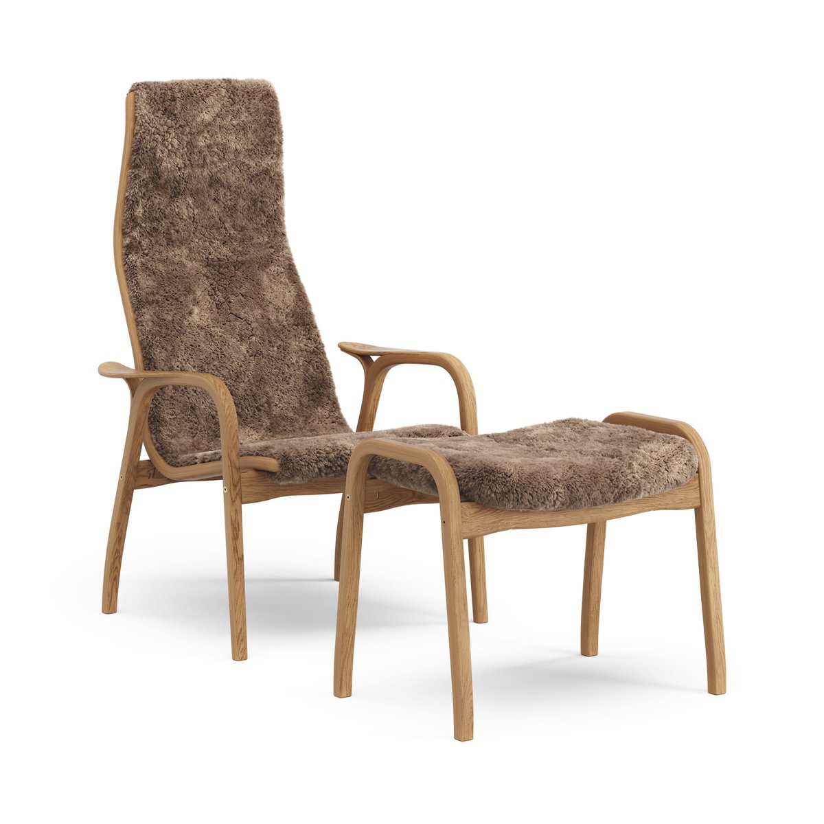 Swedese Lamino armchair and footstool oiled oak/sheepskin Sahara (nougat-brown)