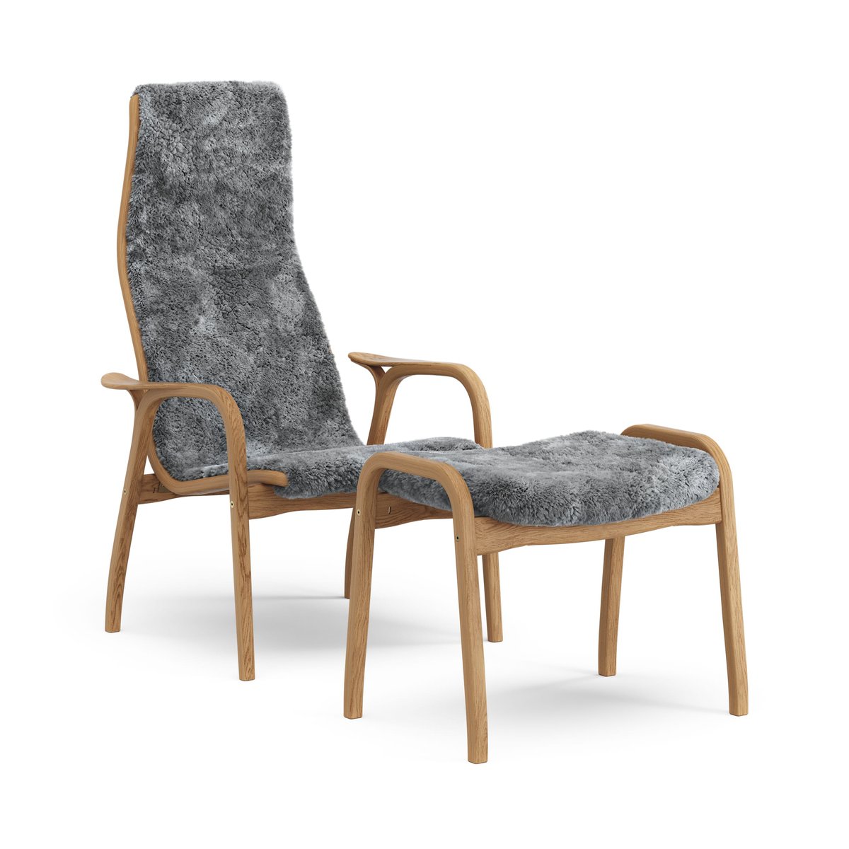 Swedese Lamino armchair and footstool oiled oak/sheepskin Scandinavian Grey